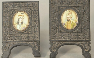 Pair of mid-eastern miniature portraits in carved