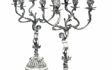 Paire de candélabres de style néo-baroque. Argenterie artistique italienne du 20ème siècle. Orfèvre Goretta, Alessandria...