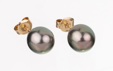 Paire de clous d'oreilles en perles d'or 14 carats, GG 585/000, 2 perles de Tahiti...