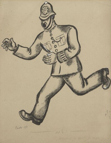Pearl Binder, British 1904-1990 - Policeman, 1931; ink and gouache on paper, signed and dated lower left 'Binder 1931' and annotated along lower edge, 39.3 x 30.4 cm (ARR) Note: this work is possibly a study for Binder's illustrations for 'The Real...