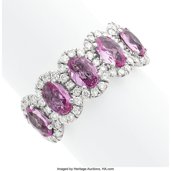 Pink Sapphire, Diamond, White Gold Ring Stones: Full-cut diamonds...