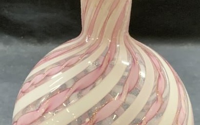 Pink Striped Art Glass Swirl Footed Bottle