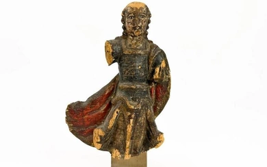 Polychrome Wood Religious Figure Mounted on Metal Base