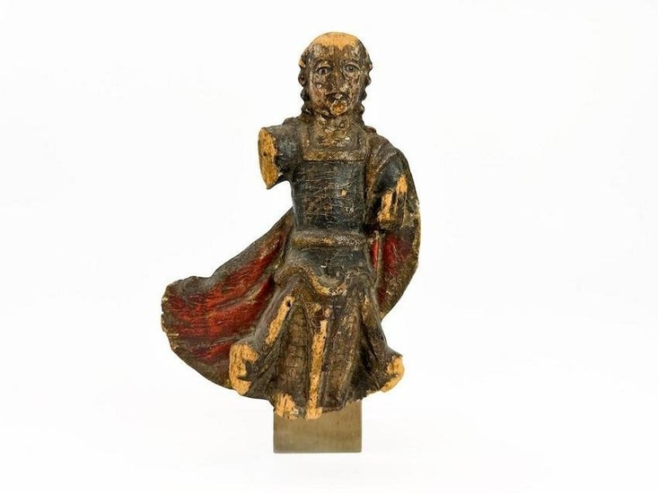 Polychrome Wood Religious Figure Mounted on Metal Base