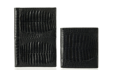 Porte documents et portefeuille en baby crocodile noir, boîte LeTanneur, 17x,11,5 et 11x10 cm