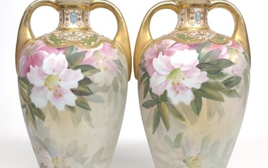 Pr of Nippon Pink Flower Jeweled Enamel Vases