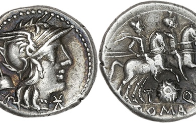 RÉPUBLIQUE ROMAINE T. Quinctius Flamininus. Denier ND (126 av. J.-C.), Rome. RRC.267/1 ; Argent -...