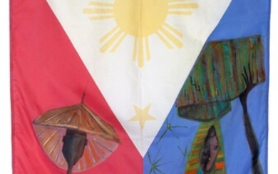 ROMEO VILLALVA TABUENA (Philippines, 1921- Mexique, 2015)."Sans titre.Technique mixte sur drapeau philippin.Signé dans la marge...