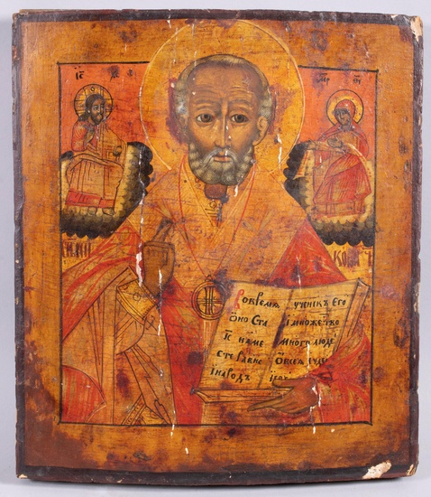 RUSSIAN, 19TH CENTURY, ICON OF ST. NICHOLAS, Egg tempera and gesso on wood panel, 12 3/8 x 10 3/4 in. (31.4 x 27.3 cm.)