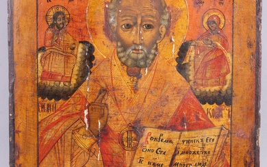 RUSSIAN, 19TH CENTURY, ICON OF ST. NICHOLAS, Egg tempera and gesso on wood panel, 12 3/8 x 10 3/4 in. (31.4 x 27.3 cm.)