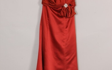 RUST-ORANGE SATIN GOWN WITH ASSYMERICAL BODICE AND CRYSTAL DETAIL, NEW....