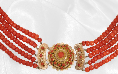 Rare antique 5-row coral necklace with fancy gold clasp, probably around 1900