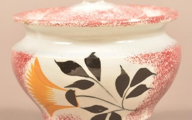 Red Spatter Thistle Pattern China Covered Sugar Bowl.