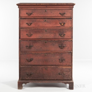 Red-painted Tall Chest of Six Drawers