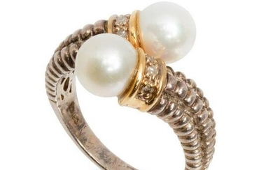 Ring, 14K gold silver pearl bypass ring