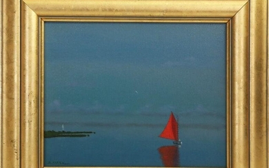Robert Stark Jr. Oil on Canvas "Lone Red Sail Off Headland"