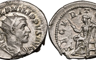 Roman Empire Philip I AD 244-247 AR Antoninianus Good Very Fine; obv. struck on worn die, with golden highlights