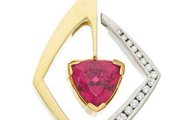 Rubellite Tourmaline, Diamond, Gold Pendant Stones: Full-cut diamonds weighing...