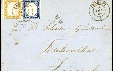 SARDEGNA-SVIZZERA 1862 - 10 cent. bistro giallastro (14 Dca), in...