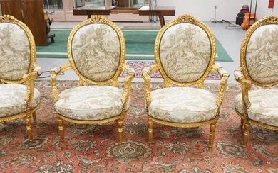 SET OF 4 CARVED AND GILT ARM CHAIRS