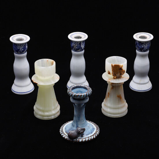 SET OF THREE CANDLESTICKS, PAIR AND SINGLE CANDLE STICK.