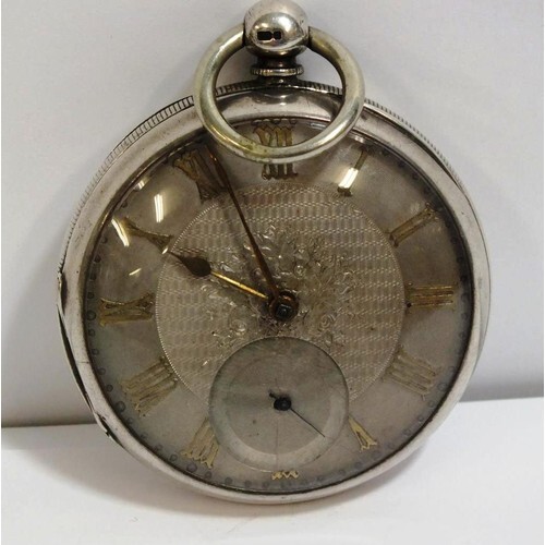SILVER POCKET WATCH WITH SILVER DIAL GOLD NUMERALS GOOD WORK...