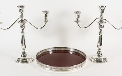STERLING WOOD TRAY & LORD SAYBROOK CANDELABRAS