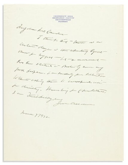 (SUFFRAGISTS.) ADDAMS, JANE. Autograph Letter Signed