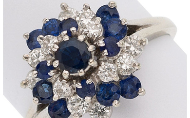 Sapphire, Diamond, White Gold Ring The ring features round-cut...