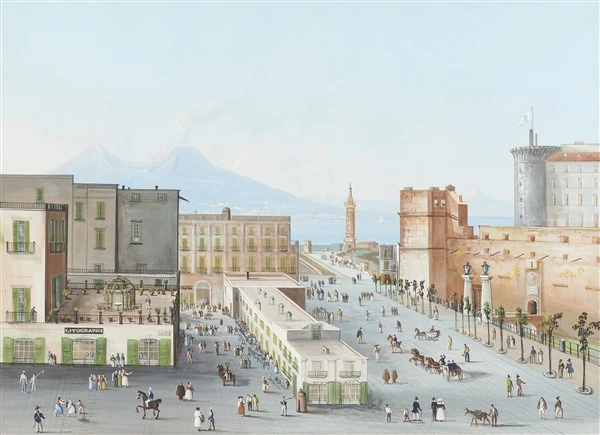 Scuola napoletana del secolo XIX Napoli Gouache su carta (cm 40x50 ca.) In corn