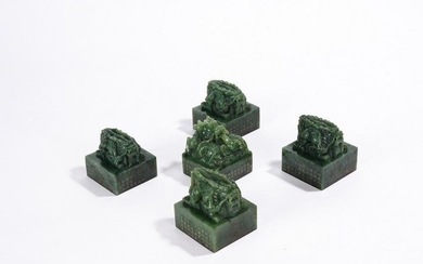 Set of Five Chinese Green Jade Inscribed Dragon Seals