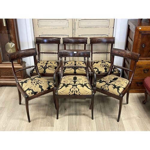 Set of six antique Regency dining chairs, comprising one arm...