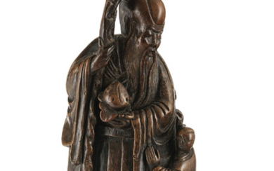 Shoulao accompagné d'un enfant, sculpture en racine de bambou, Chine, dynastie Qing, h. 28 cm
