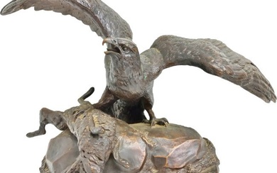 Signed A. Leonard Bronze Sculpture Eagle Preying On Hare Or Jack Rabbit