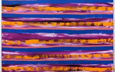 Signed Abstract Multicolor Painting on Canvas. Striped