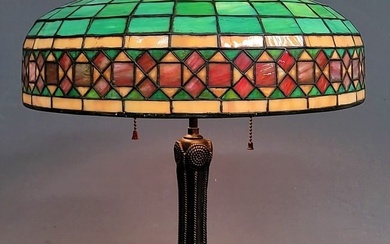 Signed Handel Circa 1920's Leaded Glass Table Lamp, Has Tiffany type wire work on the base. Great