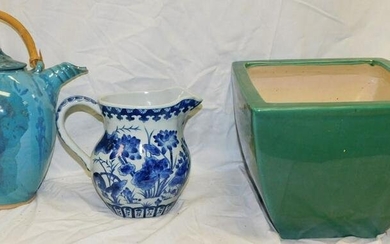 Signed Pottery Teapot, Jardiniere, & B & W Porc Pitcher
