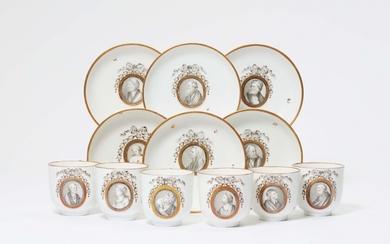 Six Fulda porcelain cups and saucers with portrait medallions