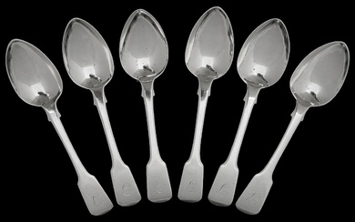 Six George IV silver fiddle pattern dessert spoons