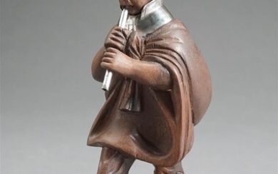 Sterling Mounted Carved Wood Figure of a Boy Playing the Flute, H: 6-7/8 in