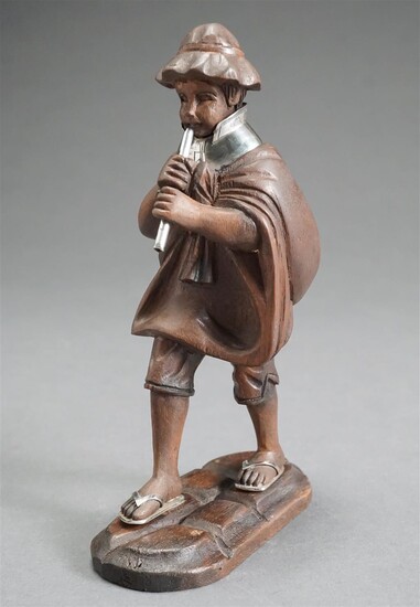 Sterling Mounted Carved Wood Figure of a Boy Playing the Flute, H: 6-7/8 in