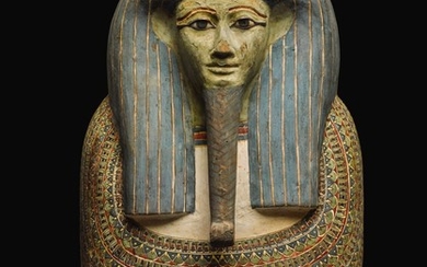 THE UPPER PART OF AN EGYPTIAN POLYCHROME WOOD COFFIN LID, 25TH/EARLY 26 DYNASTY, CIRCA 750-600 B.C.