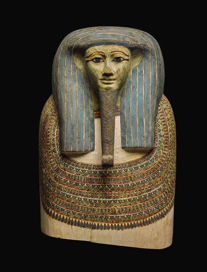 THE UPPER PART OF AN EGYPTIAN POLYCHROME WOOD COFFIN LID, 25TH/EARLY 26 DYNASTY, CIRCA 750-600 B.C.