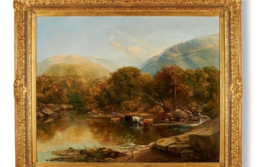 THOMAS CRESWICK (BRITISH 1811-1869), AFTERNOON, CATTLE WATERING BY A LAKE IN A MOUNTAINOUS LANDSCAPE