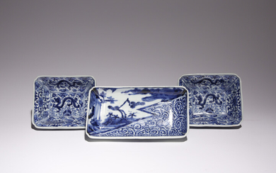 THREE JAPANESE ARITA BLUE AND WHITE DISHES