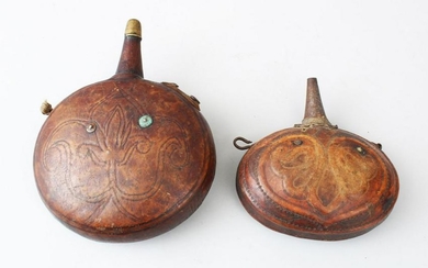 TWO 18TH/19TH CENTURY PERSIAN LEATHER POWDER FLASKS