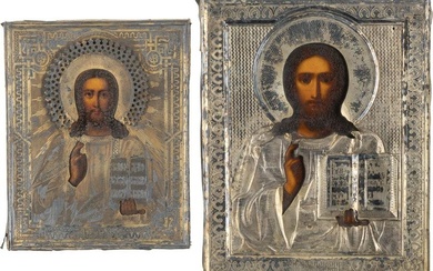 TWO SMALL ICONS SHOWING CHRIST PANTOKRATOR WITH SILVER-GILT