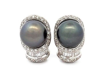 Tahitian Pearls Diamond Earrings 18k White Gold Post Baguette and Round Diamonds