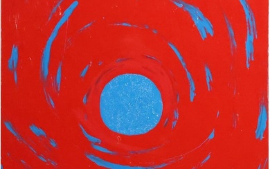 Thomas Pulgini, American, Oil on Canvas Painting Abstract Swirling Blue Circle on Red, Signed
