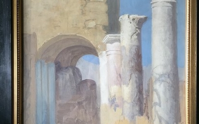 Thorvald Niss: Scenery with columns. Signed monogram. Gouache on paper. Sheet size 41×30 cm. Frame size 49×38 cm.